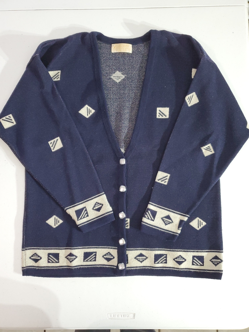 VTG Pendleton Womens L Navy Cardigan with Cream Geometric Trim